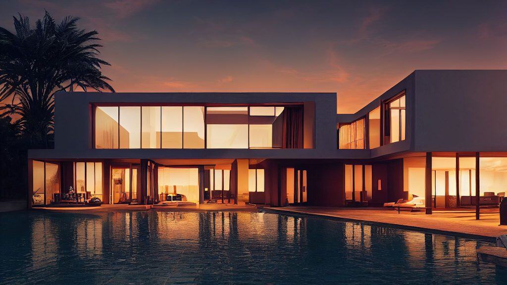 Fachada moderna de una agencia inmobiliaria de lujo en La Moraleja al atardecer