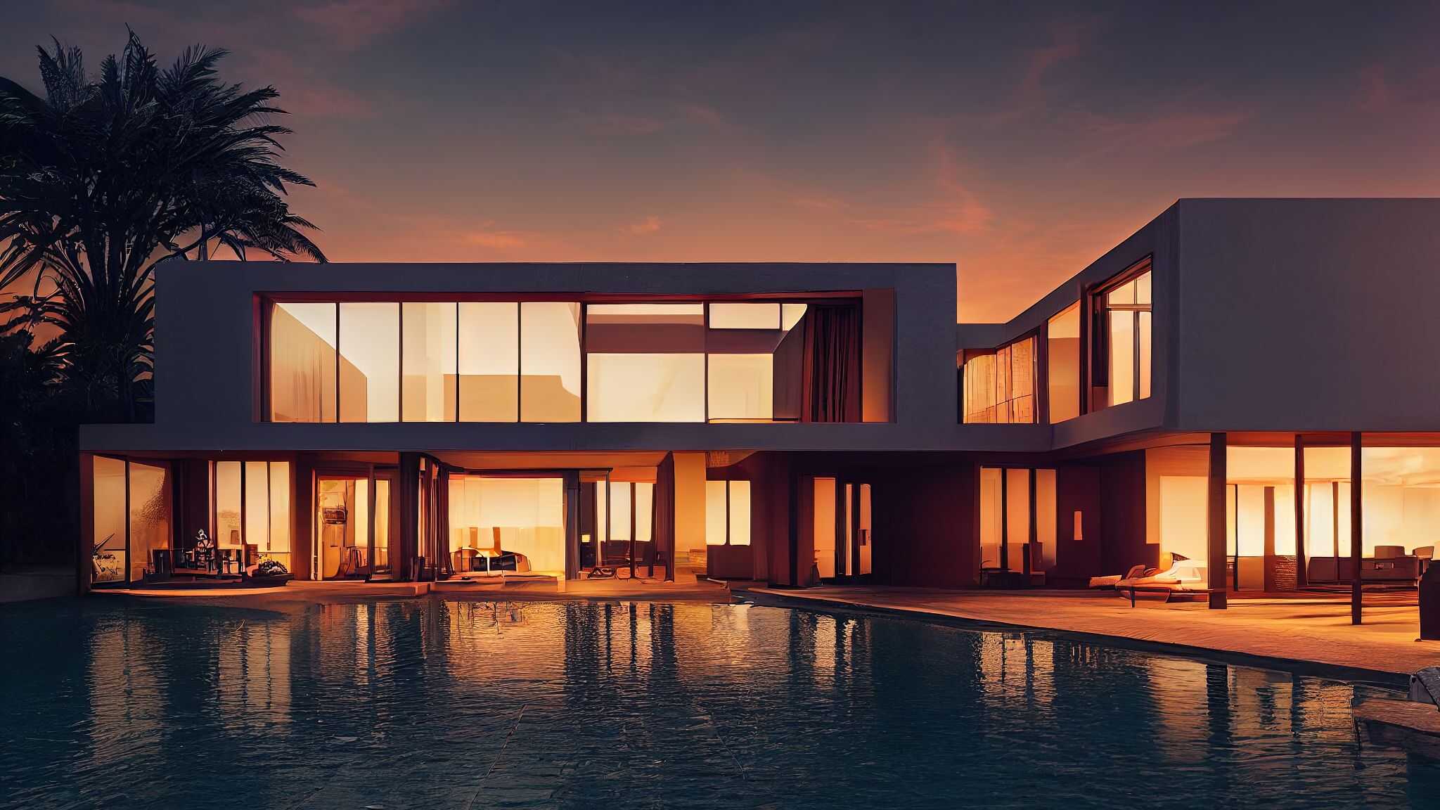 Fachada moderna de una agencia inmobiliaria de lujo en La Moraleja al atardecer