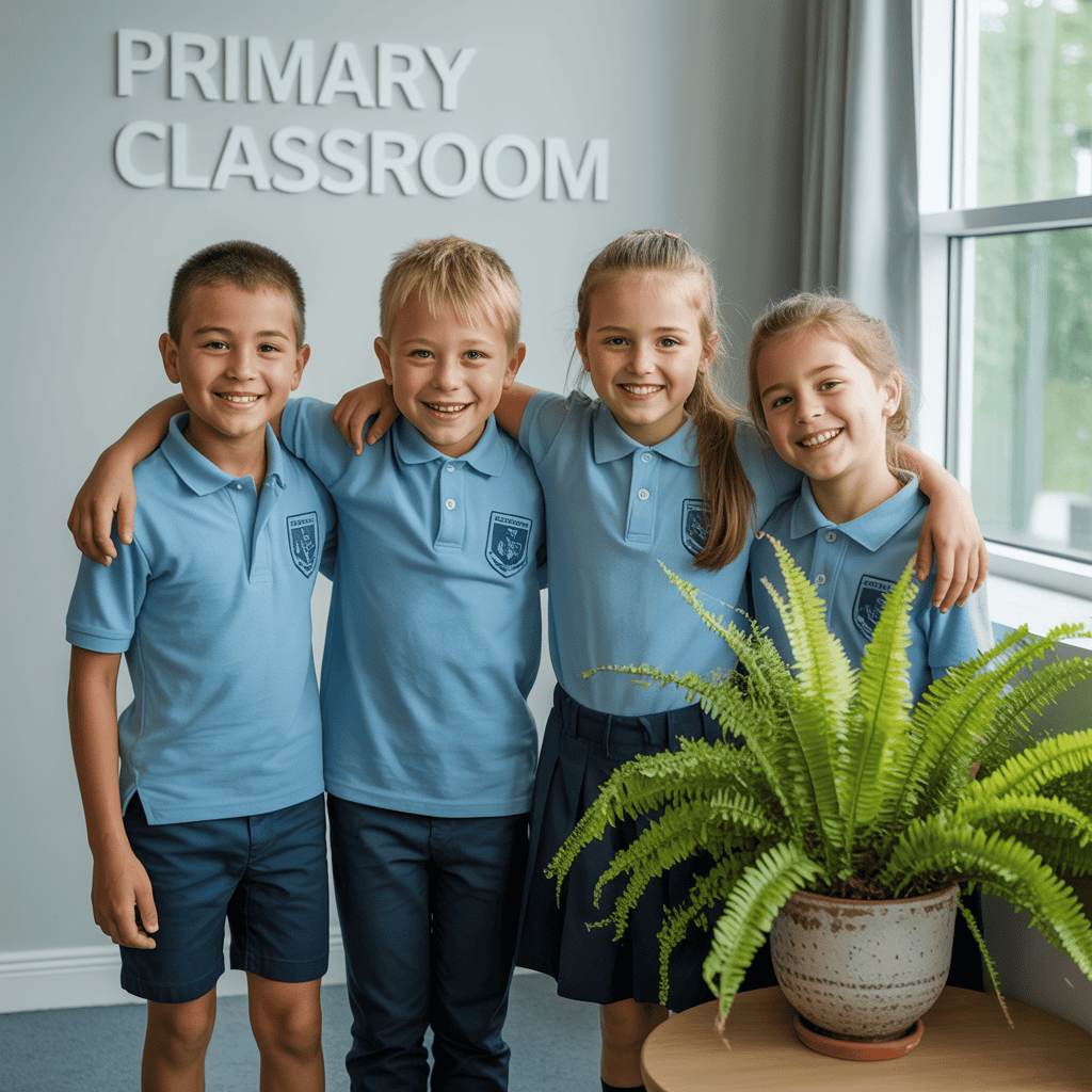 Niños en uniforme escolar sonrientes en un colegio privado de La Moraleja, guía educativa 2025